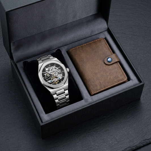 Luxury Skeleton Automatic Mechanical Watch for Men - Brushed Case PVD Plated Wristwatch - Premium Stainless Steel Waterproof Fashion Watch