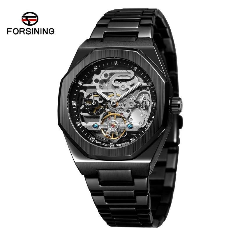 Luxury Skeleton Automatic Mechanical Watch for Men - Brushed Case PVD Plated Wristwatch - Premium Stainless Steel Waterproof Fashion Watch